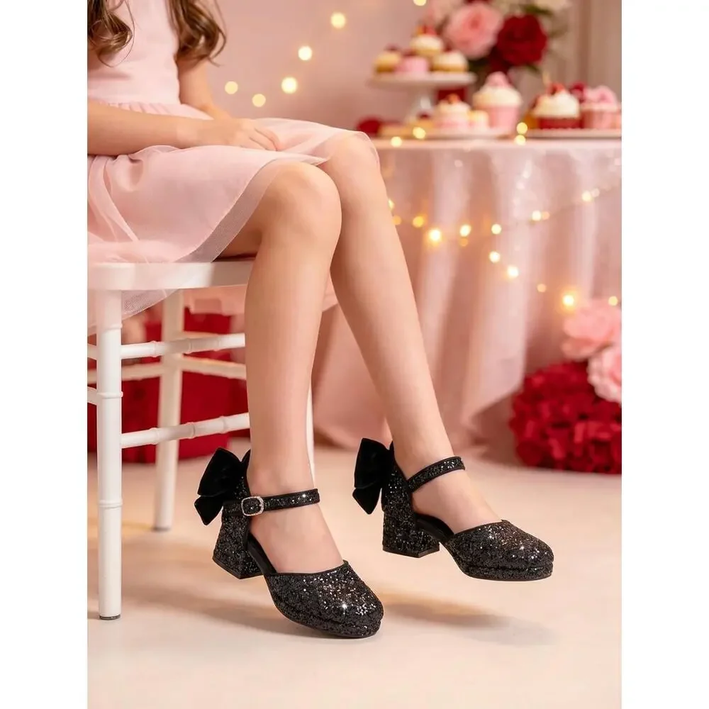 Coutgo Girls Glitter Bow Heels Platform Party Shoes Flower Girl Wedding Shoes